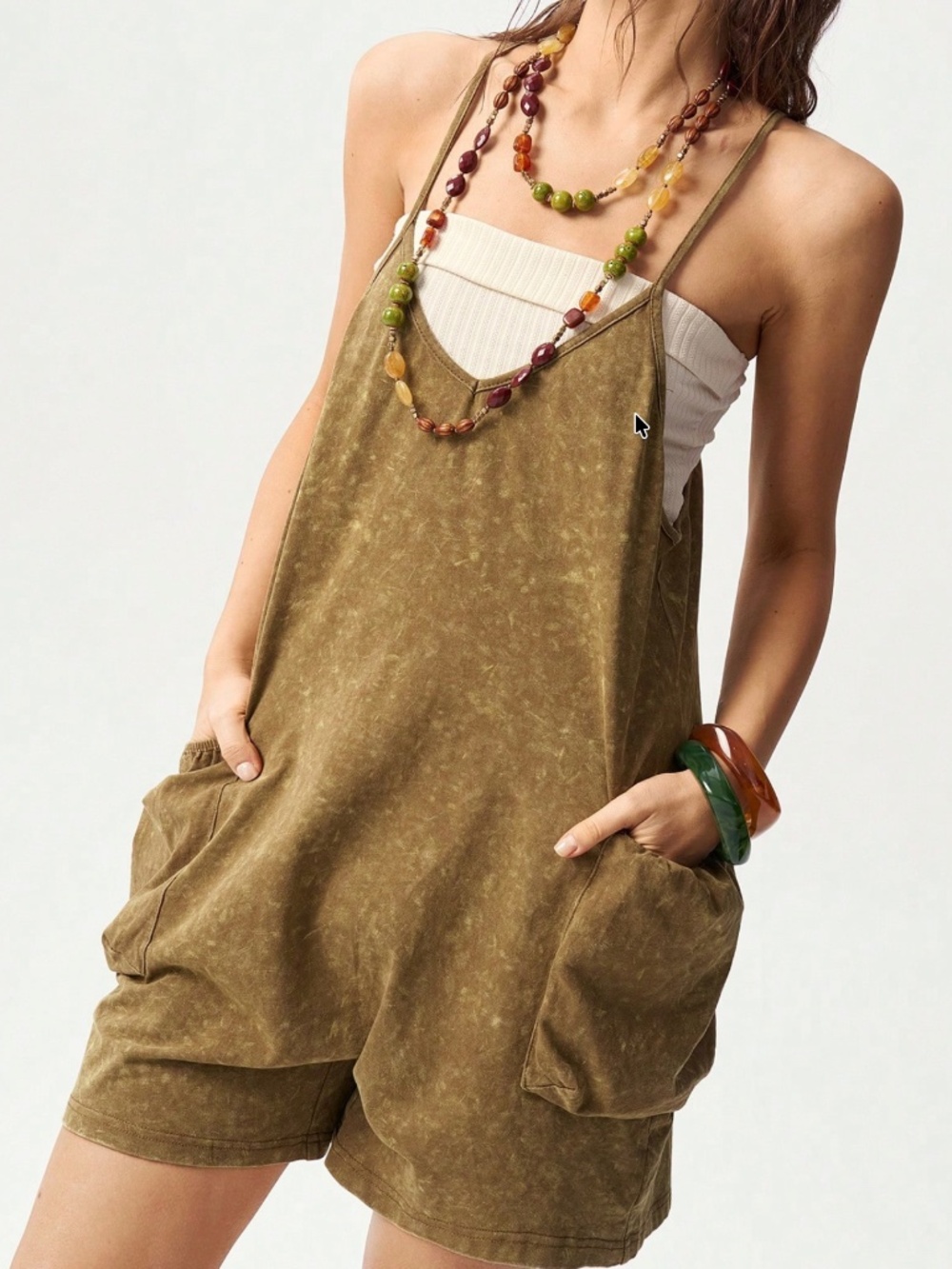 Boho Mineral Wash Cotton Star patch Pockets Romper
